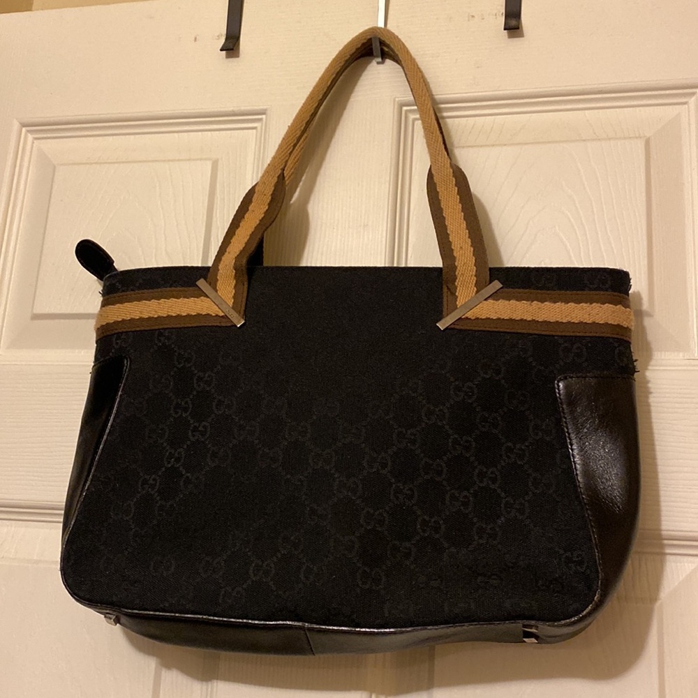 Gucci GG Canvas leather tote bag Black with beige handle - Picture 3 of 14